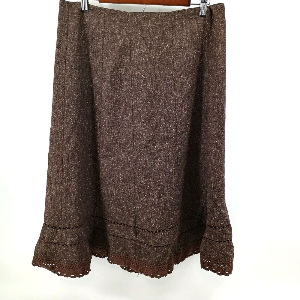 East 5th A Line Skirt Womens 14 Brown Tweed Knee‎ Length Crochet Lace Hem Lined